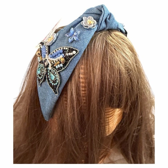 Embellished Blue Headband with Butterfly Design